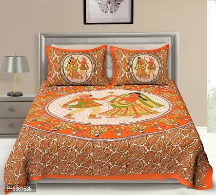 UniqChoice 100% Cotton Orange Color Jaipuri Traditional Double bedsheet with 2 Pillow Covers-thumb0