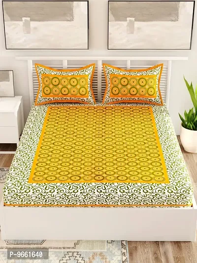 UniqChoice Floral Japuri Printed 120 TC 100% Cotton Double Bedsheet with 2 Pillow Cover,Yellow(UCEBD233)