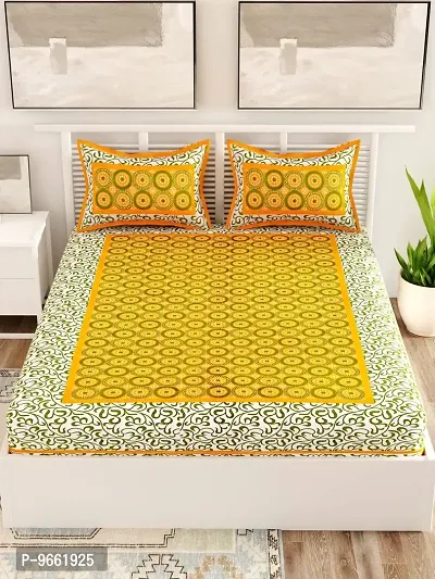 Uniqchoice 144 Tc Cotton Jaipuri Traditional Double Bedsheet with 2 Pillow Covers - King Size, Yellow, 3 Piece