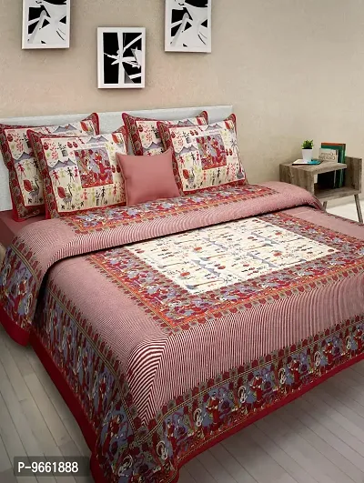 UniqChoice Rajasthani Traditional Print 120 TC 100% Cotton Double Bedsheet with 2 Pillow Cover,Red(MUCD_08)-thumb0