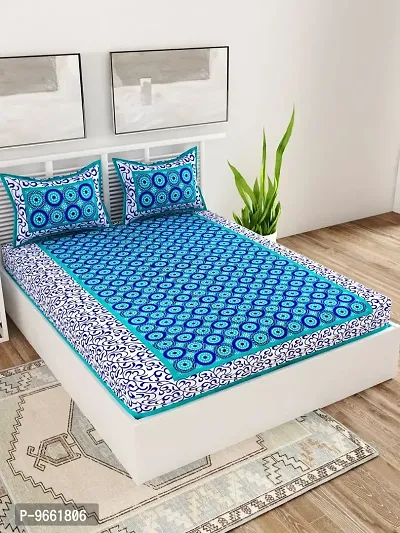 UniqChoice Turquoise Color Rajasthani Traditional Printed 120 TC 100% Cotton Double Bedsheet with 2 Pillow Cover,UCBD105