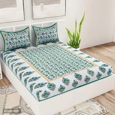 Bombay Spreads Turquoise Color Rajasthani Traditional Printed 120 TC 100% Cotton Double Bedsheet with 2 Pillow Cover,UCEBBD80-thumb0