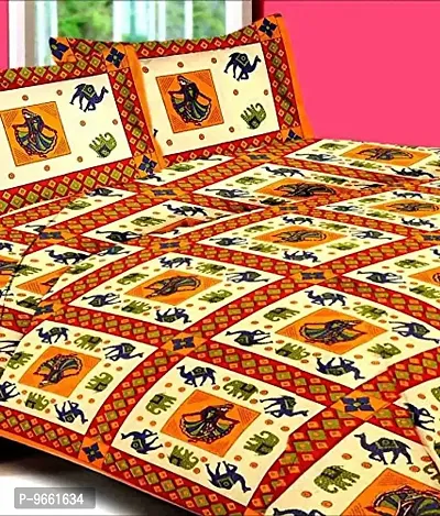 UniqChoice Rajasthani Traditional Print 120 TC 100% Cotton Double Bedsheet with 2 Pillow Cover,Yellow(UCBD153)