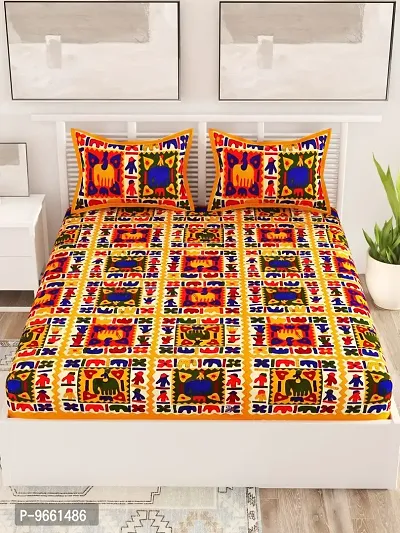 UniqChoice Rajasthani Traditional Printed 120 TC| 100% Cotton| Double Bedsheet| Bedsheet with 2 Pillow Cover| Yellow-thumb2