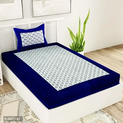UniqChoice 100% Cotton Blue Color Jaipuri Single bedsheet with 1 Pillow Cover,1+1_Single_kamalbuti_Blue