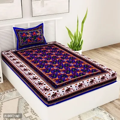 UniqChoice 100% Cotton Blue Color Jaipuri Single bedsheet with 1 Pillow Cover,1+1_Single_JangalHathi_Blue