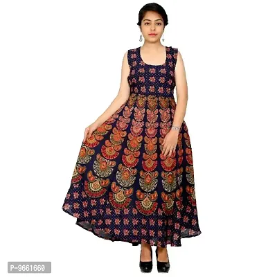 UniqueChoice Women's Cotton Jaipuri Print Long Maxi Dress with Sleeves Attached Inside and Back Strips (Blue, Free Size, Upto 44-XXL)