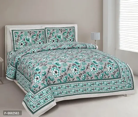 UniqChoice 180 TC Turquoise Color Floral Printed King Size Bedsheet with 2 Pillow Cover (ELEG-01-Turquoise)-thumb0