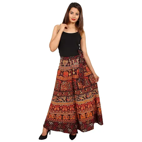UniqueChoice Women's Cotton Printed Skirt (Free Size) Wrap Around Brown