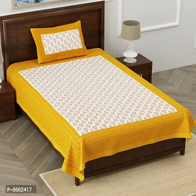 UniqChoice 100% Cotton Yellow Color Jaipuri Single bedsheet with 1 Pillow Cover,1+1_Single_Kamalbuti_Yellow