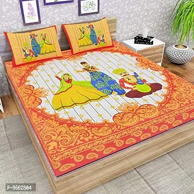 UniqChoice Cotton Traditional Print Double Bedsheet with 2 Pillow Cover - Orange (215 x 240 cm)