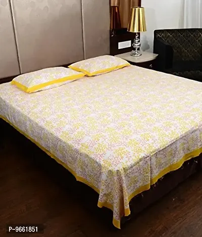 Uniqchoice 144 Tc Cotton Rajasthani Traditional Bedsheet with 2 Pillow Covers - King Size, Yellow, 3 Piece