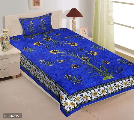 UniqChoice 100% Cotton Blue Color Jaipuri Single bedsheet with 1 Pillow Cover,1+1_Single_74_Blue