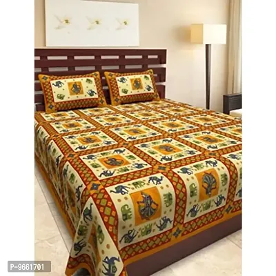 UniqChoice Jaipuri Printed 100% Cotton Rajasthani Traditional Print King Size Double Bedsheet with Zipped 2 Pillow Covers (Multicolor)