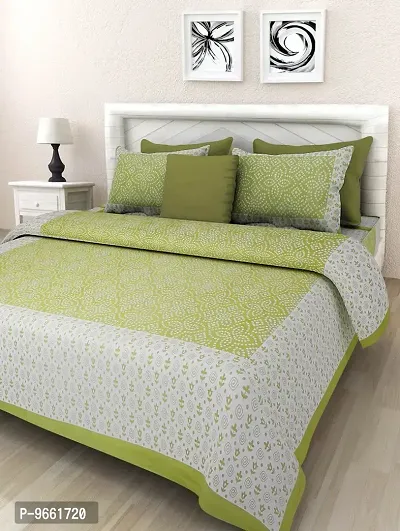 UniqChoice Green Color Cotton Printed Double Bedsheet with 2 Pillow Cover (Bandej)