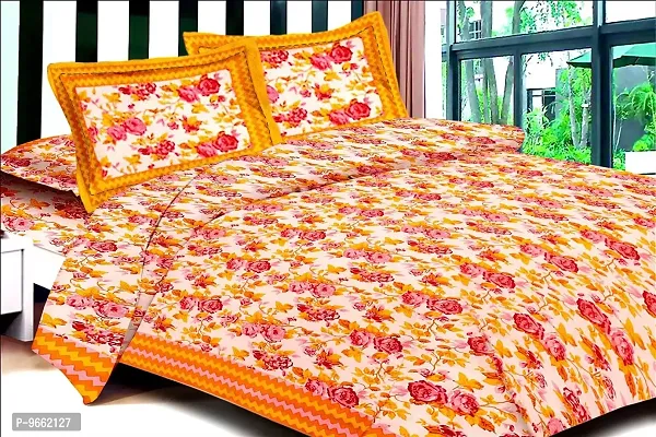 UniqChoice Floral Japuri Printed 120 TC | 100% Cotton| Double Bedsheet with 2 Pillow Cover| King Size bedsheet| Double Size bedsheet| Yellow-thumb0