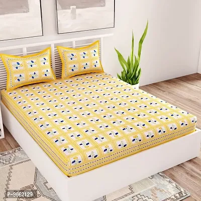 UniqChoice Yellow Color Cotton Printed Double Bedsheet with 2 Pillow Cover (Bombay)