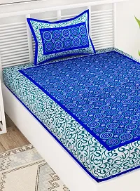 UniqChoice 100% Cotton Blue Color Jaipuri Single bedsheet with 1 Pillow Cover,1+1_Single_Gola_Blue-thumb2