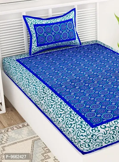 UniqChoice 100% Cotton Blue Color Jaipuri Single bedsheet with 1 Pillow Cover,1+1_Single_Gola_Blue-thumb3