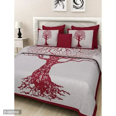 UniqChoice Maroon Color Cotton Printed Double Bedsheet with 2 Pillow Cover (Tree)-thumb0