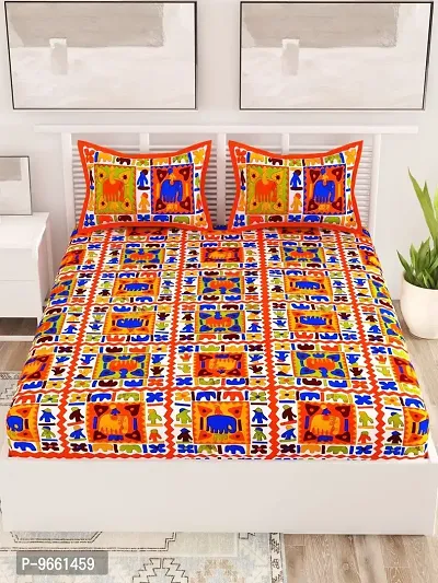 UniqChoice Orange Color Rajasthani Traditional Printed 120 TC 100% Cotton Double Bedsheet with 2 Pillow Cover,UCEBD122-thumb2