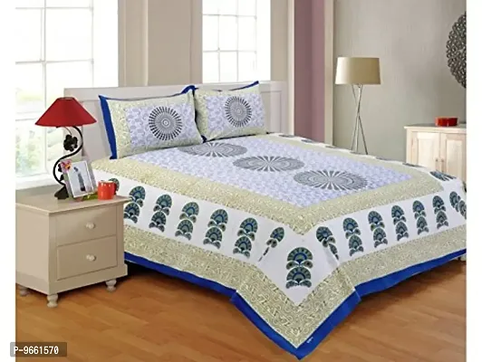 UniqChoice Floral Japuri Printed 120 TC 100% Cotton Double Bedsheet with 2 Pillow Cover,Blue(UUCKD302)-thumb0