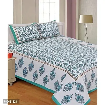 UniqChoice Jaipuri Print 100% Cotton Rajasthani Tradition King Size Double Bedsheet with 2 Pillow Covers(C-Green Color)-thumb0