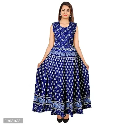 UniqueChoice Women's Cotton Jaipuri Print Maxi Long Dress with Sleeves Attached Inside and Back Strips (Dress_73, Blue, Free Size Upto 44-XXL)