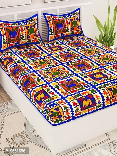 UniqChoice Rajasthani Traditional Printed 144 TC| 100% Cotton| Double Bedsheet| Bedsheet with 2 Pillow Cover| Blue-thumb3