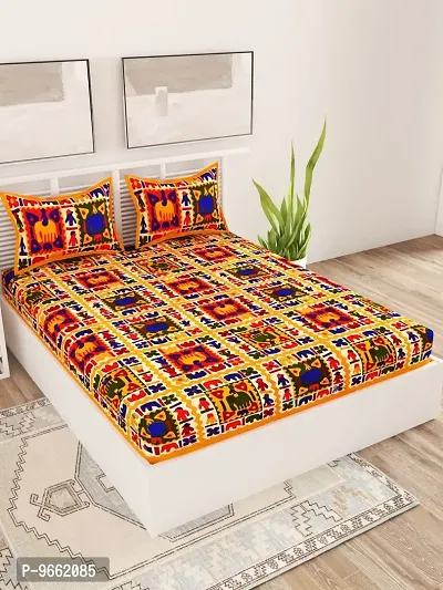 UniqChoice Yellow Color Rajasthani Traditional Printed 120 TC 100% Cotton Double Bedsheet with 2 Pillow Cover,UCEBBD327