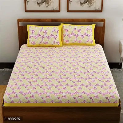 UniqChoice Yellow Color Cotton Printed Double Bedsheet with 2 Pillow Cover (Camali)-thumb2