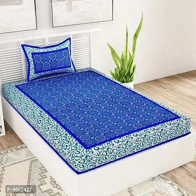 UniqChoice 100% Cotton Blue Color Jaipuri Single bedsheet with 1 Pillow Cover,1+1_Single_Gola_Blue-thumb0