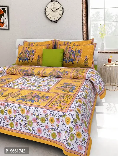 UniqChoice Rajasthani Traditional Print 120 TC 100% Cotton Double Bedsheet with 2 Pillow Cover,Yellow(UC310_GNG-Y)-thumb0