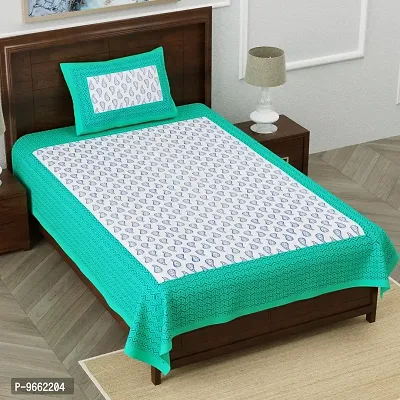 UniqChoice 100% Cotton Green Color Jaipuri Single bedsheet with 1 Pillow Cover,1+1_Single_Kamalbuti_C-Green