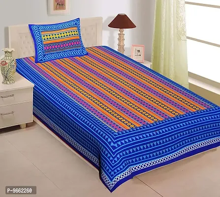 UniqChoice 100% Cotton Blue Color Jaipuri Single bedsheet with 1 Pillow Cover,1+1_Single_Zik-Zak_Blue-thumb0