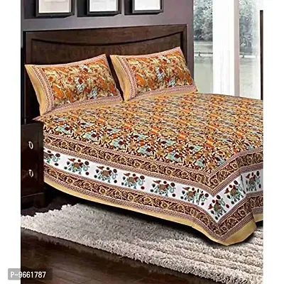 UniqChoice Rajasthani Traditional Print 120 TC 100% Cotton Double Bedsheet with 2 Pillow Cover,Beige(MUCD_108)