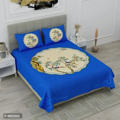 UniqChoice Bluecolor 100% Cotton Rajasthani Traditional Double Bedsheet with 2 Pillow Cover 215cm x 235cm(96_Blue_89)-thumb0