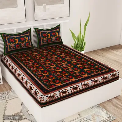UniqChoice Rajasthani Traditional Print 120 TC 100% Cotton Double Bedsheet with 2 Pillow Cover,Green(MUCD_199)