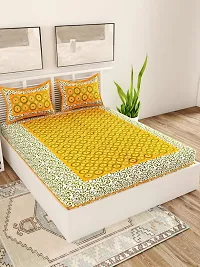 Uniqchoice 144 Tc Cotton Jaipuri Traditional Double Bedsheet with 2 Pillow Covers - King Size, Yellow, 3 Piece-thumb1