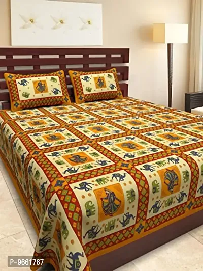 UniqChoice Jaipuri Print 100% Cotton Rajasthani Tradition King Size Double Bedsheet with 2 Pillow Covers(Yellow Color)-thumb0