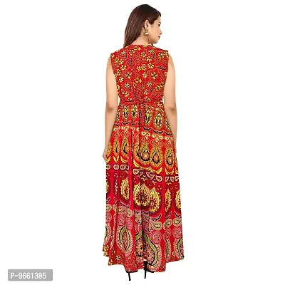 UniqChoice Women's Jaipuri Print Cotton Maxi Long Dress with Back Strips and Sleeves Attached Inside (Maroon)-thumb2