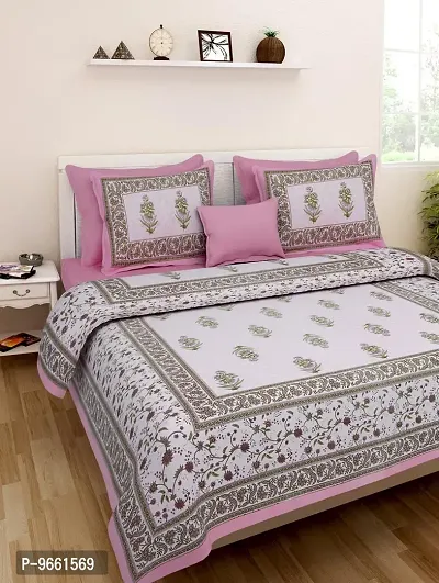 UniqChoice Jaipuri Print 100% Cotton Rajasthani Tradition King Size Double Bedsheet with 2 Pillow Covers(Pink Color)-thumb0