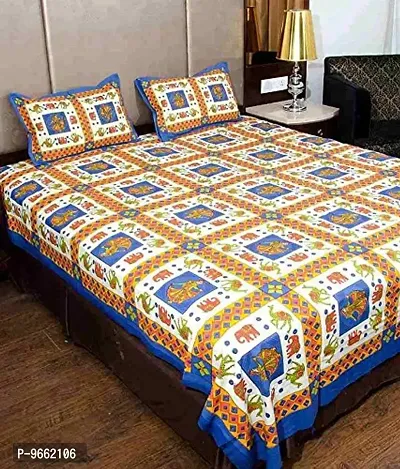 UniqChoice Jaipuri Printed 100% Cotton Rajasthani Traditional Print King Size Double Bedsheet with Zipped 2 Pillow Covers (Multicolor)