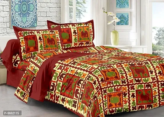 UniqChoice Maroon Color 100% Cotton Rajasthani Traditional Double Bed Sheet with 2 Pillow Covers-thumb0