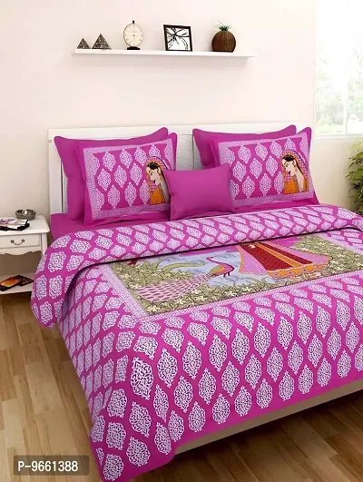 UniqChoice Rajasthani Traditional Print 120 TC 100% Cotton Double Bedsheet with 2 Pillow Cover ,Pink(Newb_196)