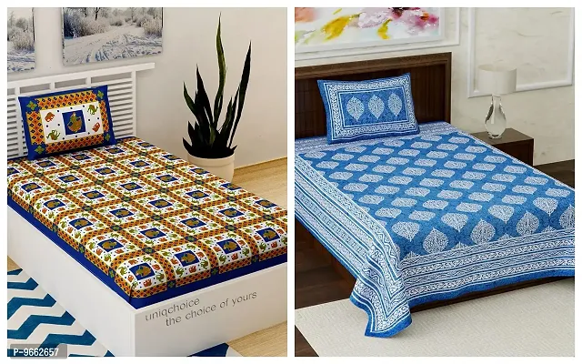 UniqChoice Combo of 2 Multi Color Single Bed Bedsheet Jaipuri Traditional and Ethnic Designs Bedsheet,_2_1+1_Single_181