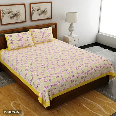 UniqChoice Yellow Color Cotton Printed Double Bedsheet with 2 Pillow Cover (Camali)