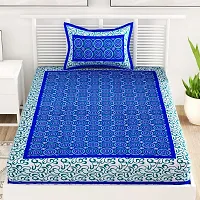 UniqChoice 100% Cotton Blue Color Jaipuri Single bedsheet with 1 Pillow Cover,1+1_Single_Gola_Blue-thumb1
