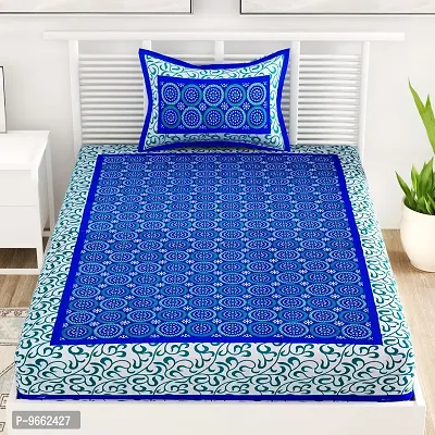 UniqChoice 100% Cotton Blue Color Jaipuri Single bedsheet with 1 Pillow Cover,1+1_Single_Gola_Blue-thumb2