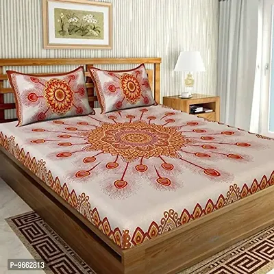 UniqChoice Cotton More Pankh Print Double Bedsheet with 2 Pillow Cover -Brown (215 x 240 cm)